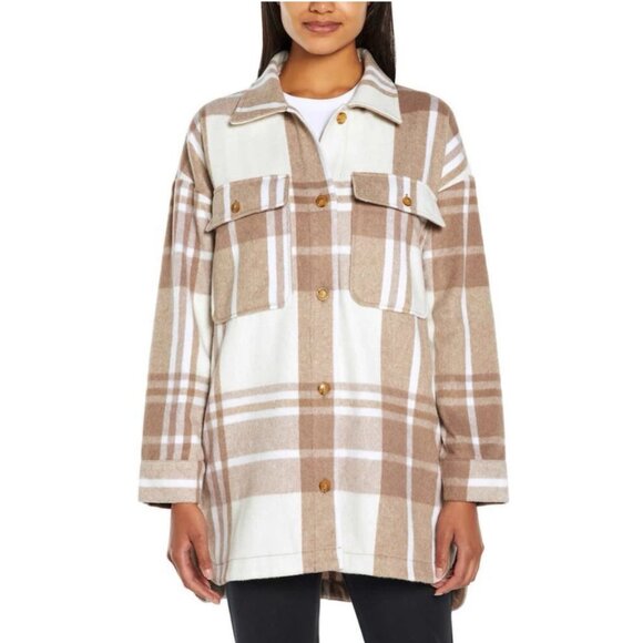 Banana Republic Women's Size Small Shacket Neutral Bailor Plaid Brown Flannel - Picture 1 of 8